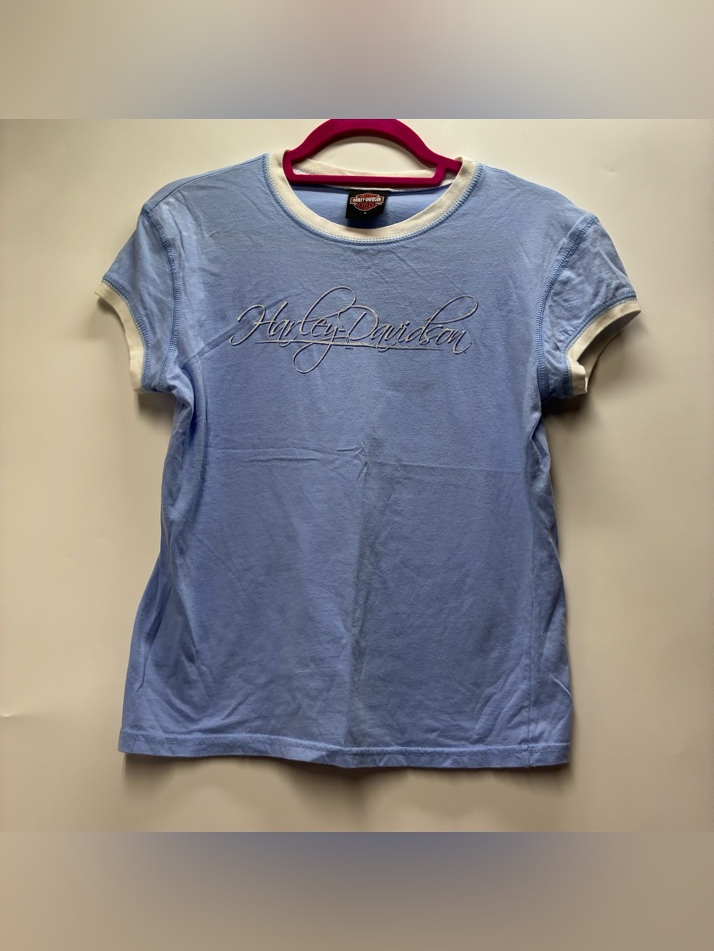 Vintage Y2K Harley Davidson Large Spellout Logo Graphic Tee T Shirt Baby Blue